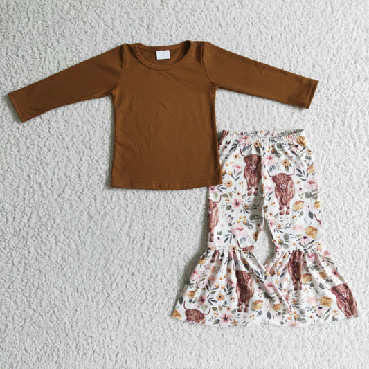 RTS Brown cow flower long sleeve blue bell bottom pant girl outfit 1015