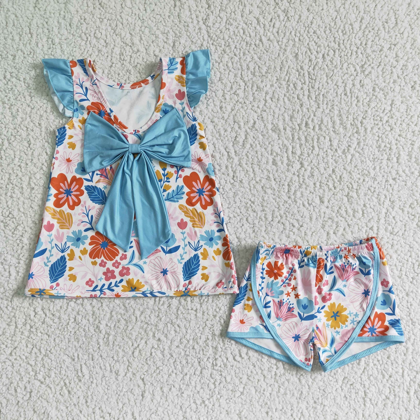 PROMOTION RTS pink yellow flower print blue flutter sleeves summer girl clothes outfit 0516