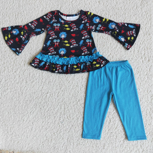Promotion reading cartoon blue lace long sleeve legging girl outfit