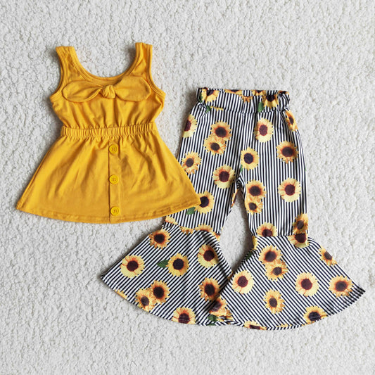 vest 0802 RTS shoulder straps top yellow bow tunic sunflower stripe sleeveless bell bottom pants outfits
