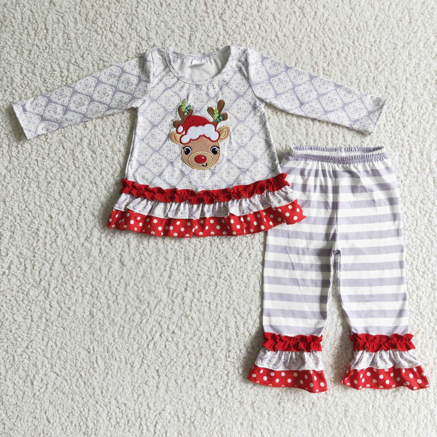christmas deer embroidery red ruffles stripe long sleeve long pant girl outfit 0913 RTS