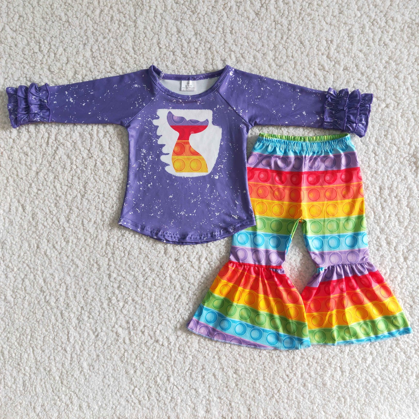 promotion 6 A24-30 purple ruffles fish rainbow color long sleeve bell bottom pant girl outfit 0714 RTS