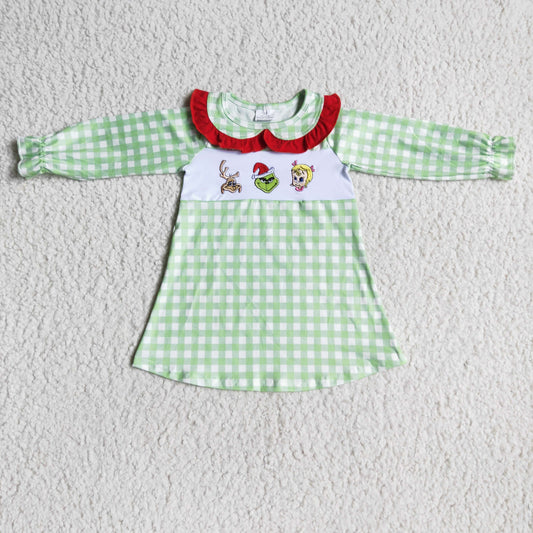 Christmas embroidery green dots long sleeve pink black pants girl outfit 0705 RTS