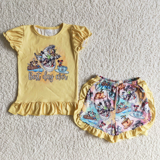 RTS yellow top house print best day short sleeve shorts girl outfits 0303