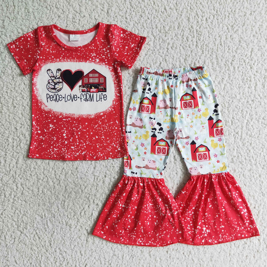 promotion B12-23 Red house farm cow short sleeve bell bottom pant outfit 0718 RTS