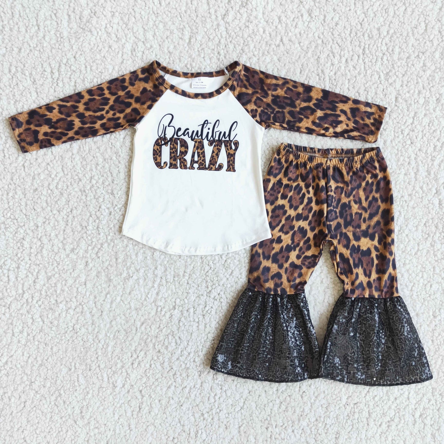 promotion beautiful crazy leopard print sequins girl long sleeve bell bottom pant outfit