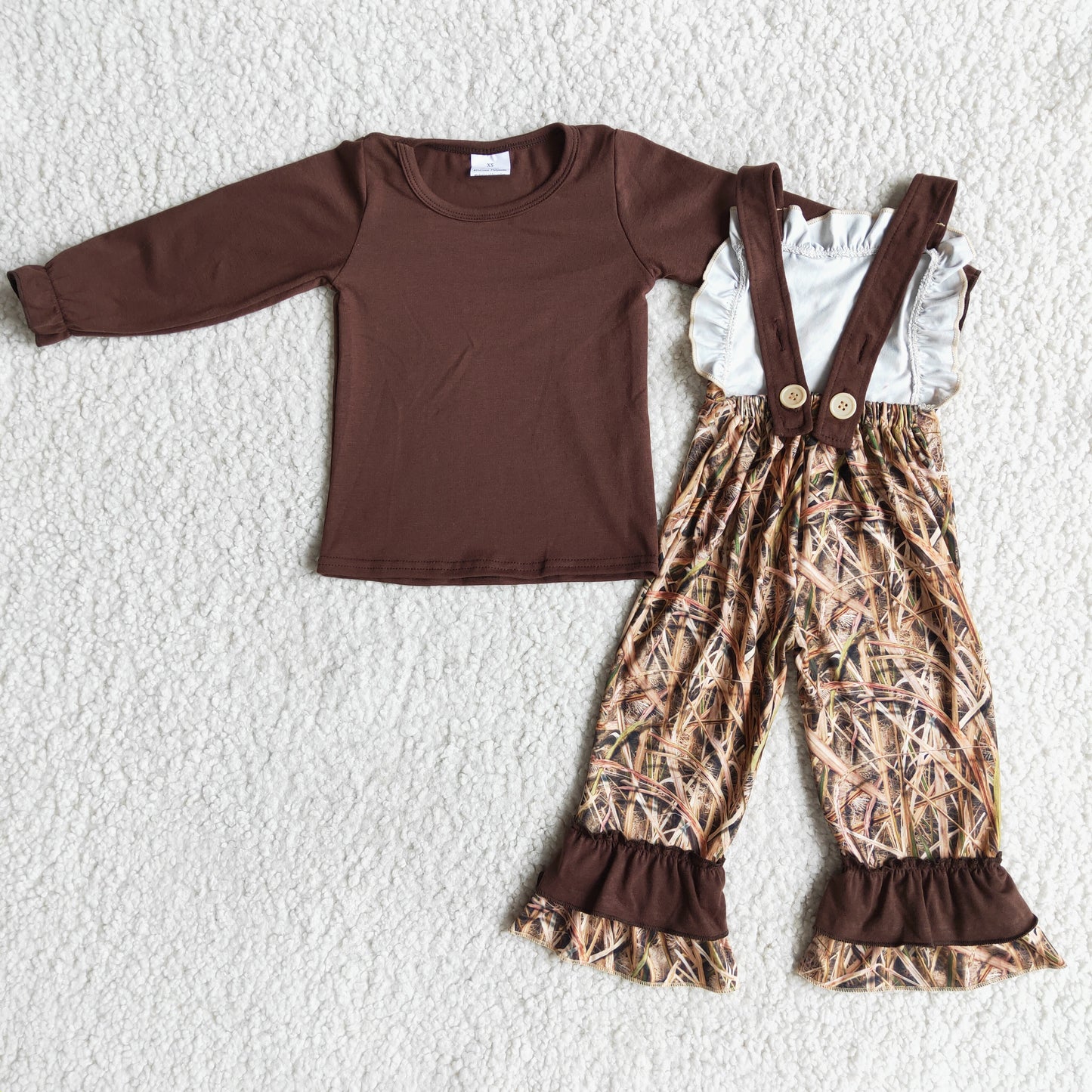 Brown Branch Leaves Lace Camo Pants Long Sleeve Overalls Outfits