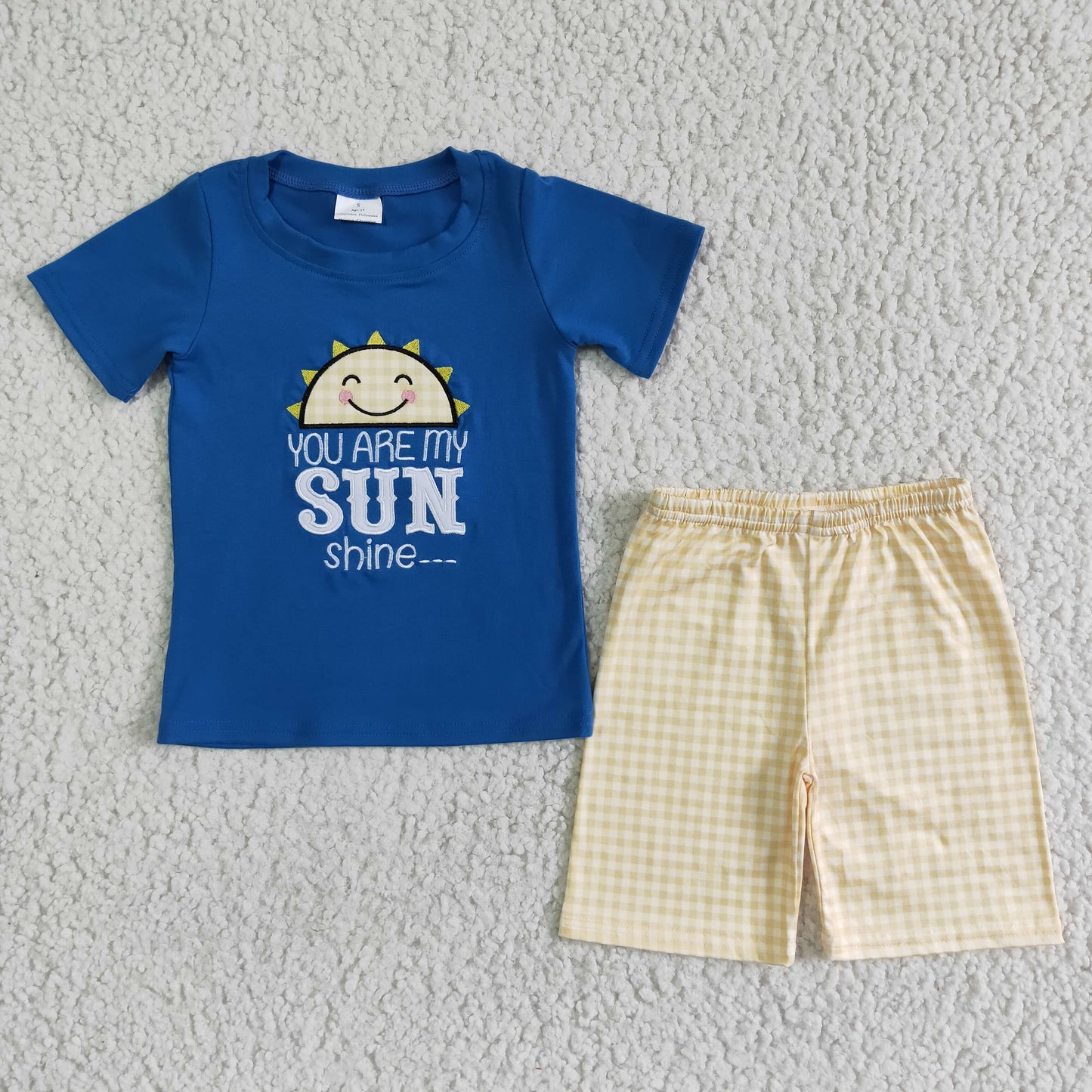 RTS blue sunshine embroidery short sleeve boy yellow plaid shorts summer outfit 0606