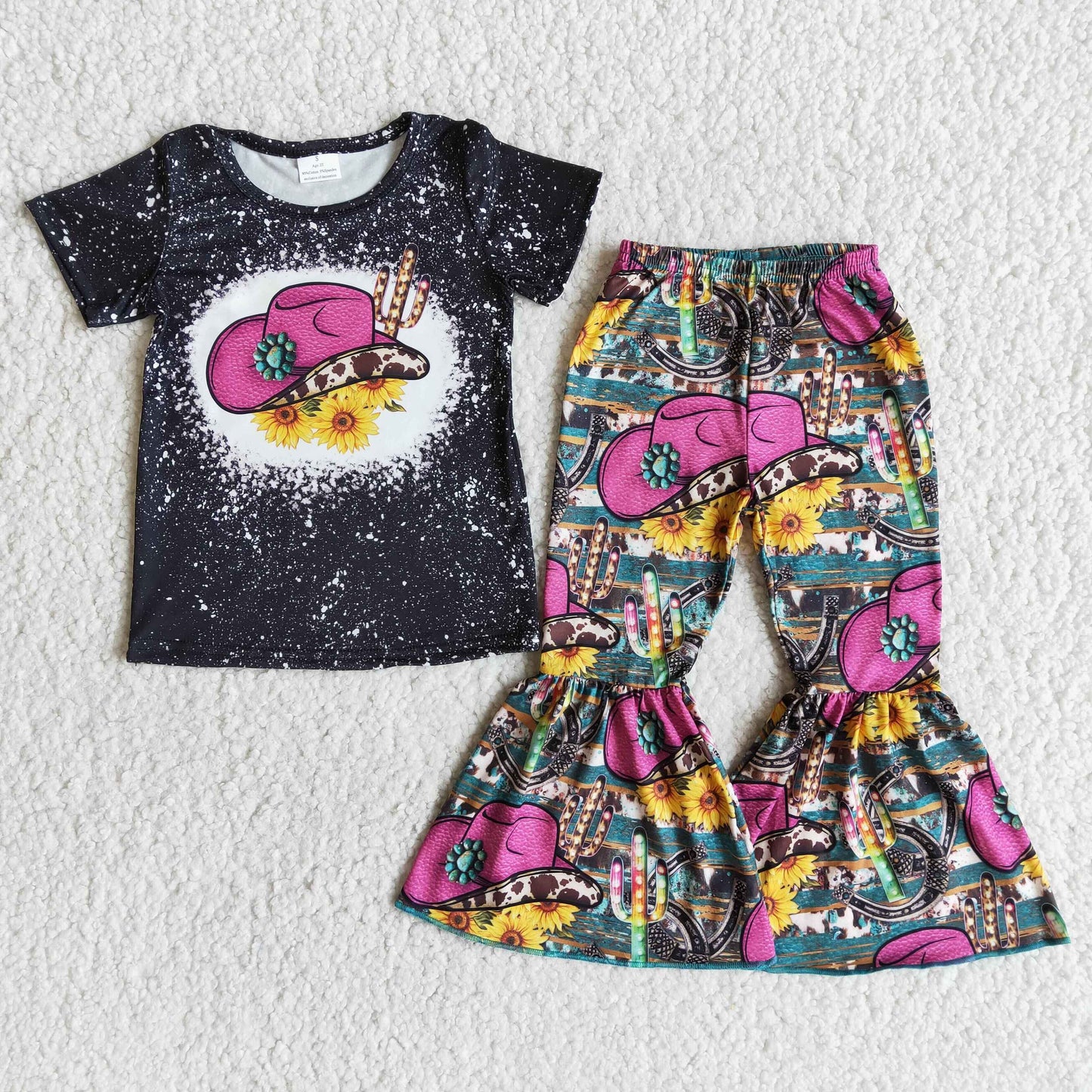 promotion B2-1 black top cowgirl pink hat cow cactus print sunflower black girl short sleeve bell bottom outfit Jan0115