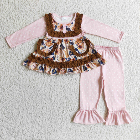 RTS pink ruffle long sleeve brown flower  girl outfit 1018