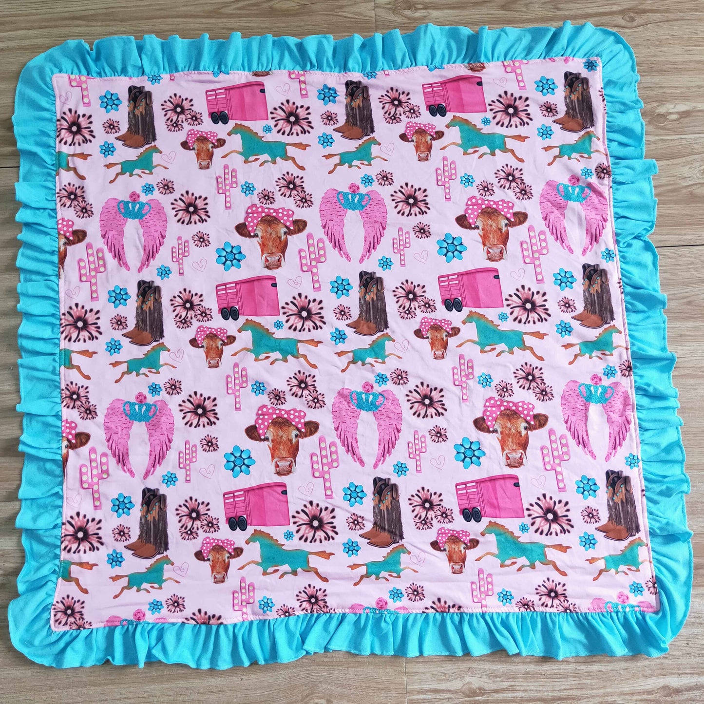 RTS pink blue boots cow flower ruffle blanket 20230901
