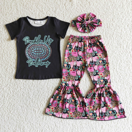 promotion buckle up letters cow cactus black hot pink short sleeve bell bottom girl outfits headband 3pcs 0408