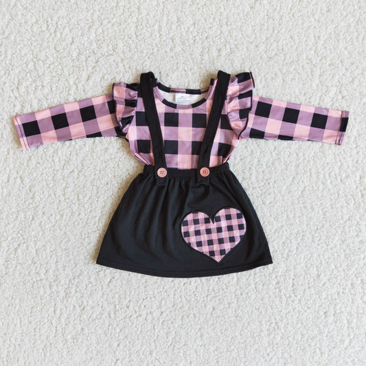 embroidery valentines dress pink black plaid puffy ruffles long sleeve top suspender dress outfit Jan 0102