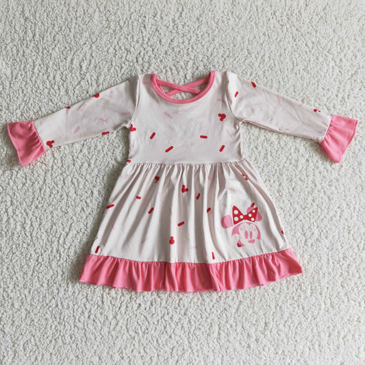 PINK mouse cartoon long sleeve baby girl dress 0921 RTS
