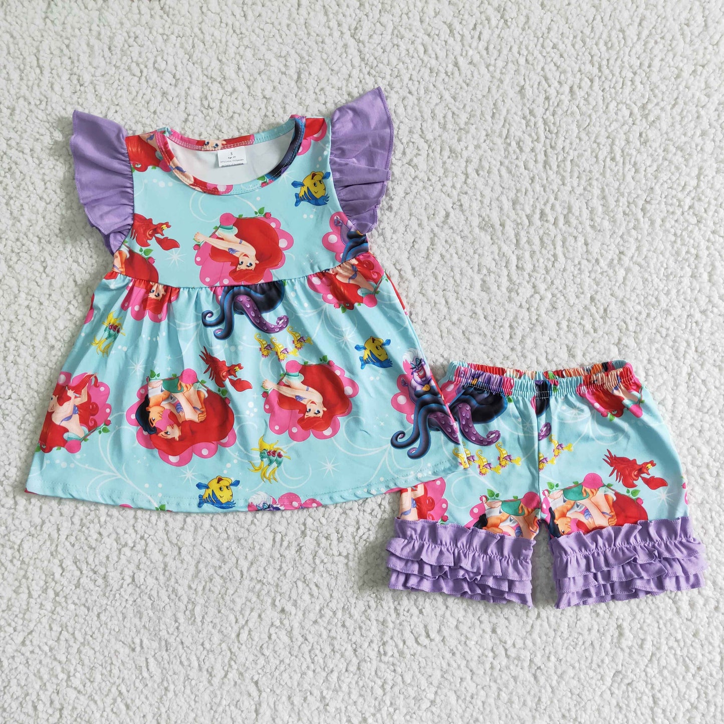 RTS cartoon mermaid blue puffy purple girl short sleeve ruffles shorts kids outfits 0511