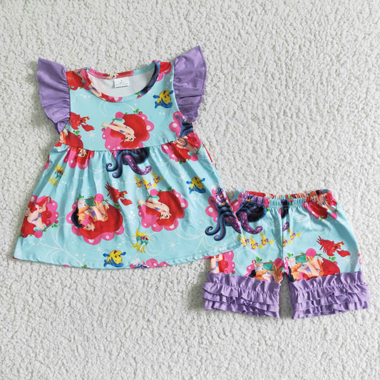 RTS cartoon mermaid blue puffy purple girl short sleeve ruffles shorts kids outfits 0511