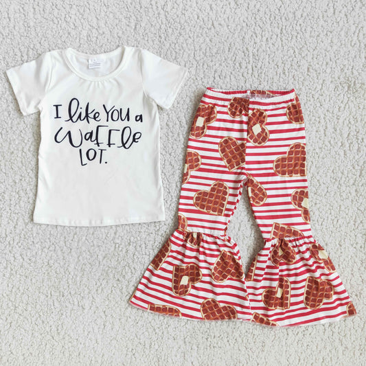 Promotion i like letters red stripe cookies girl short sleeve bell bottom pant outfit
