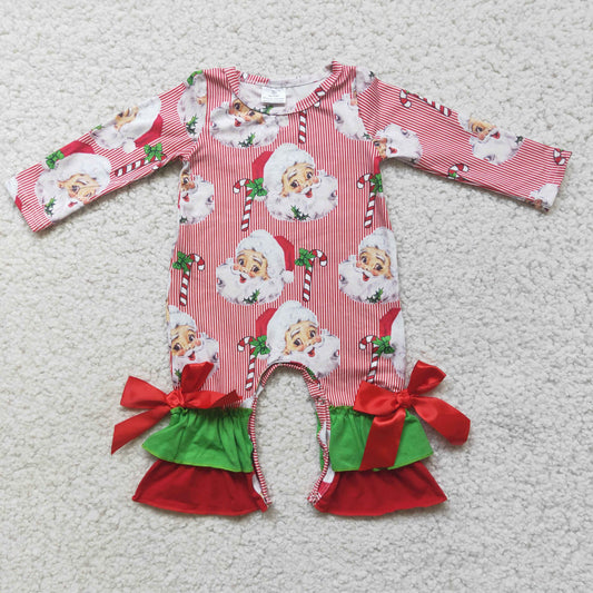 promotion 6 A2-30 Christmas girl santa red bow green white stripe long sleeve romper