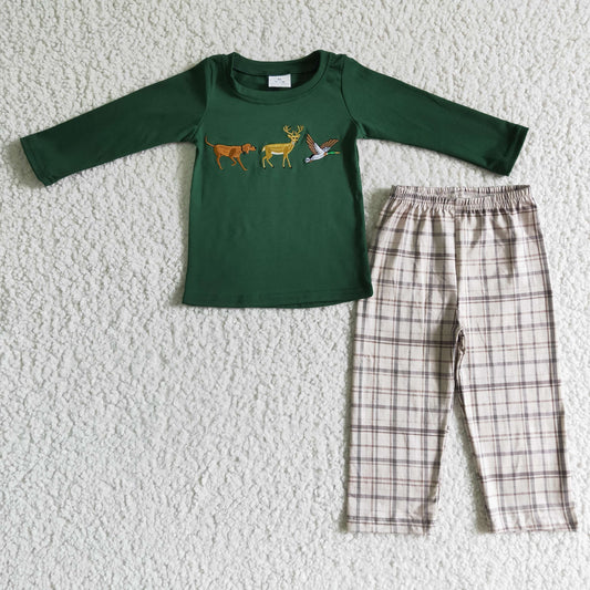 RTS Embroidery plaid Christmas bird deer long sleeve green pants baby boy outfit  0830