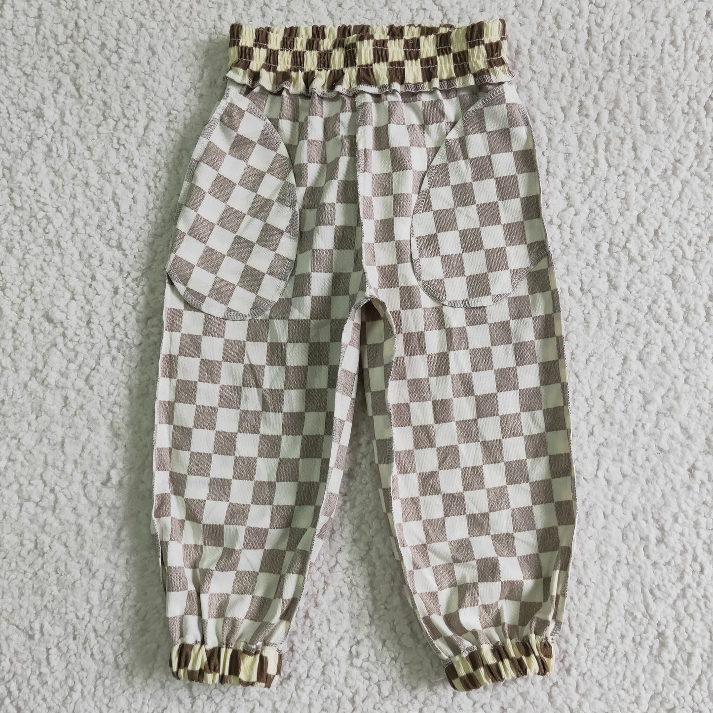 P0021 brown plaid checkerboard cotton long boy jogger pants 20230228 RTS