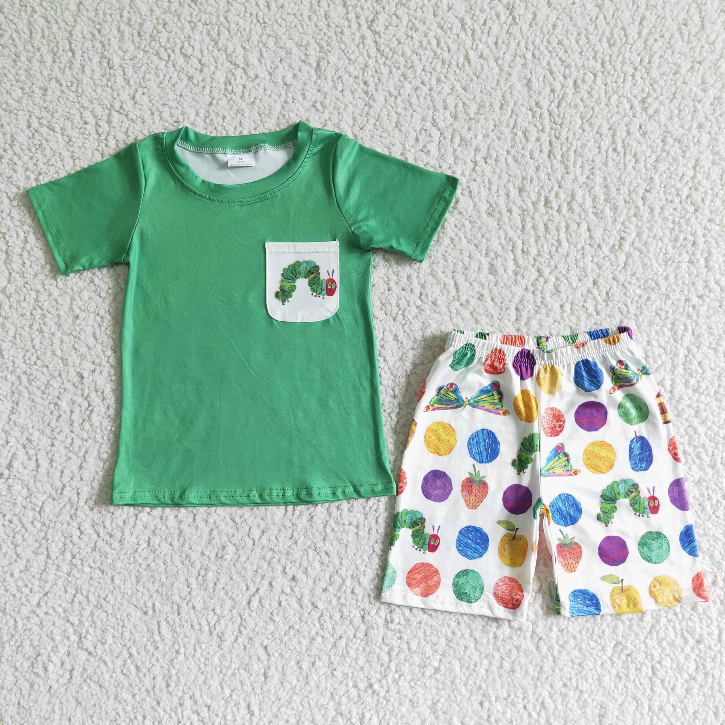 BSSO0064 RTS green silkworm pocket short sleeve colorful butterfly strawberry shorts boy outfits 20230425