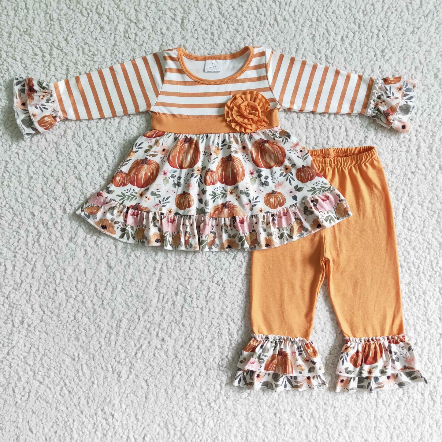 RTS 0623 long sleeve orange stripe flower ruffle punpkin Halloween pants girl outfit
