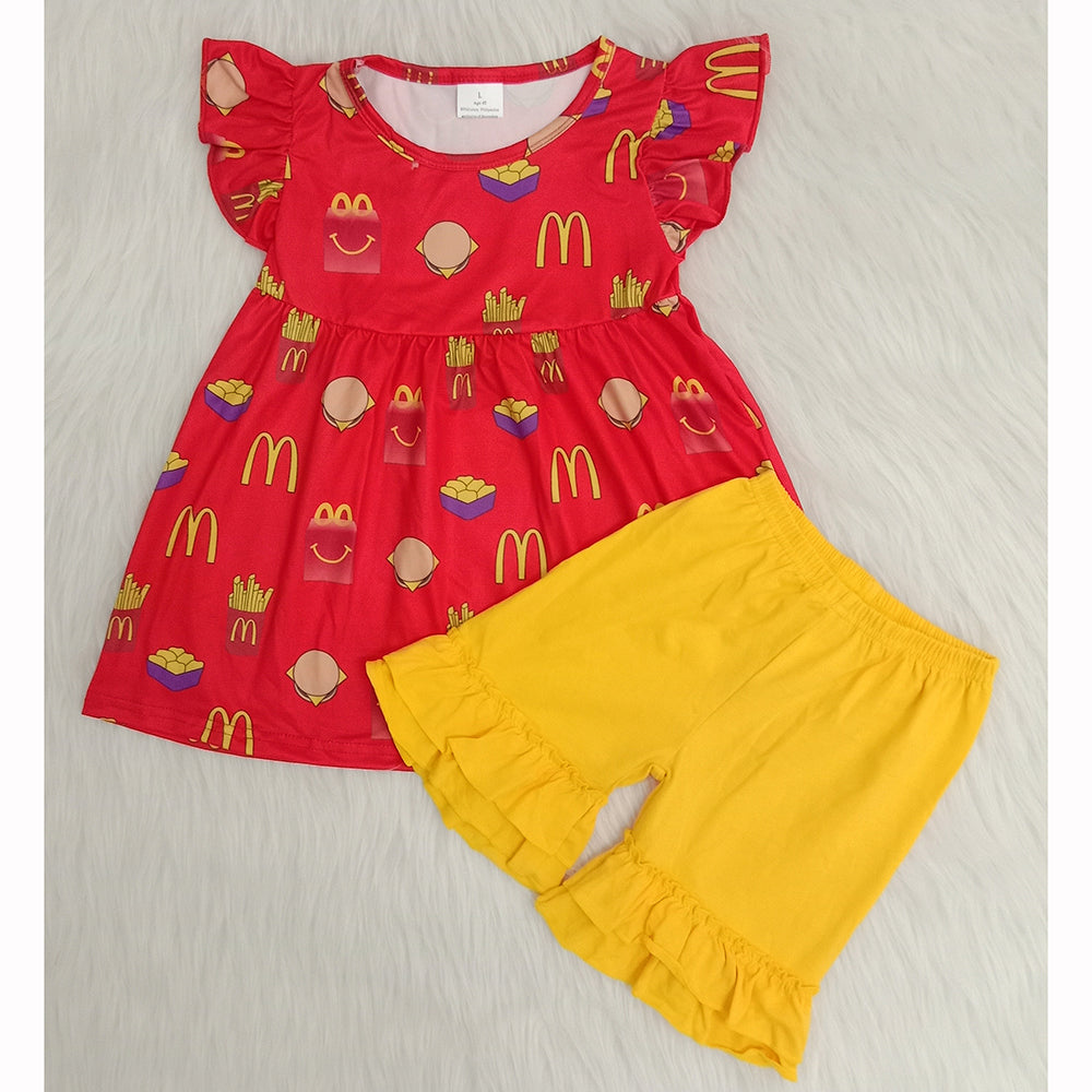 food red puffy yellow ruffles girl short sleeve shorts outfits