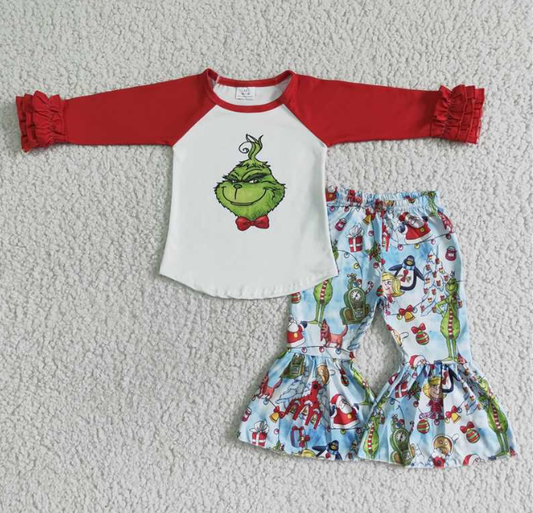 promotion 6 B4-17 RTS Christmas girl green cartoon red white raglan long sleeve bell bottom pants girl outfit 20230630 RTS