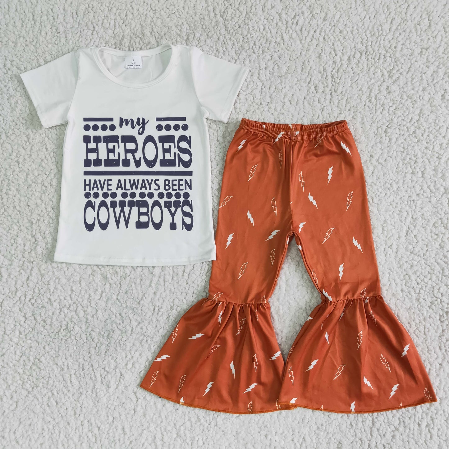 promotion B15-30 my heroes cowboys letters white orange girl short sleeve bell bottom outfits rts
