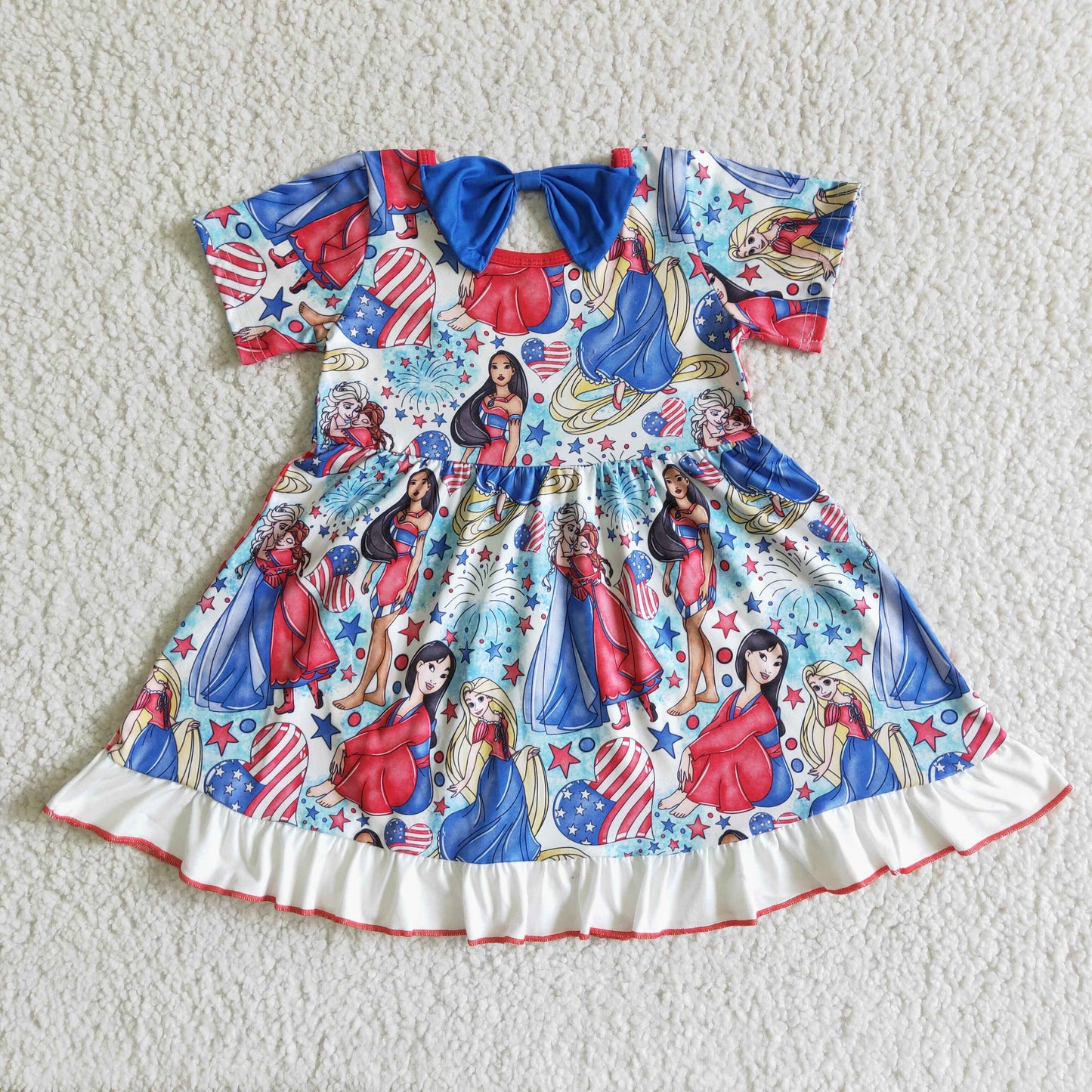 princess 4th of july red blue bow white short sleeve girl dress 0406