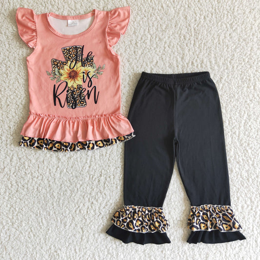 promotion he is risen letters cross ruffles leopard print short sleeve pant girl outfits 0315