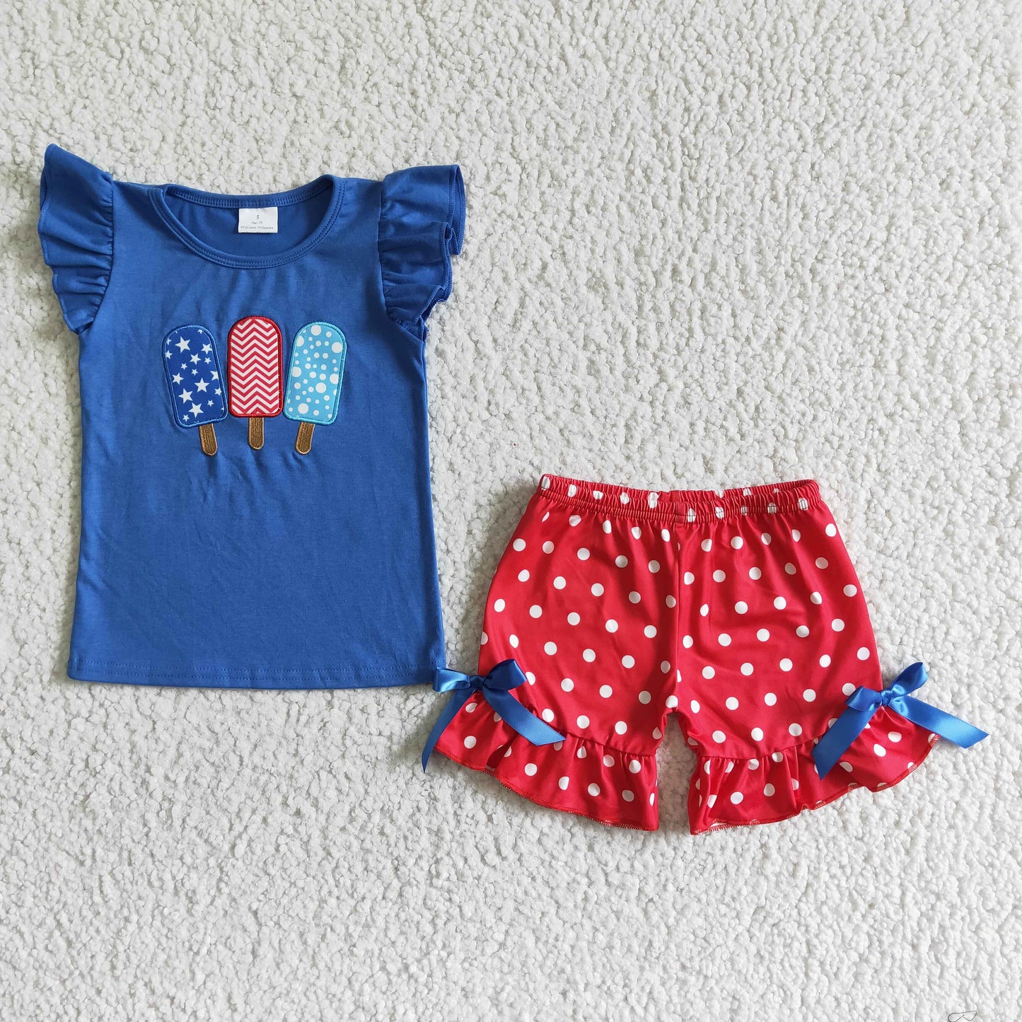 GSSO0090 RTS USa 4th july blue ice popsicle embroidery short sleeve girl shorts girl outfit20230308