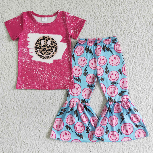 RTS hot pink smile leopard print lighting blue short sleeve bell bottom girl outfits 0611
