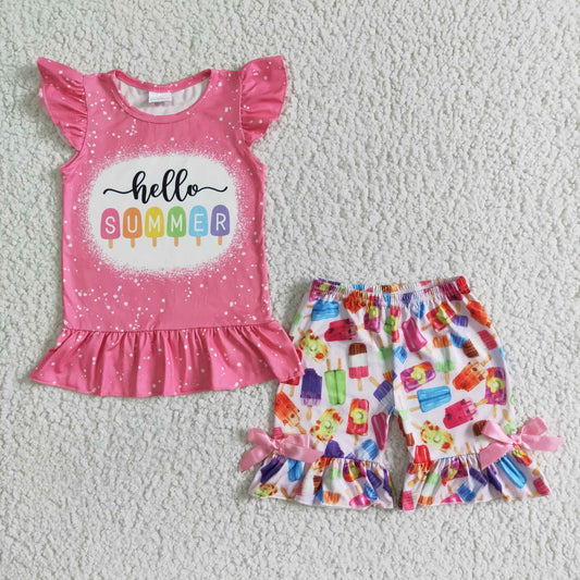 promotion RTS Hello summer pink puffy top colorful ruffles short pants set 0531
