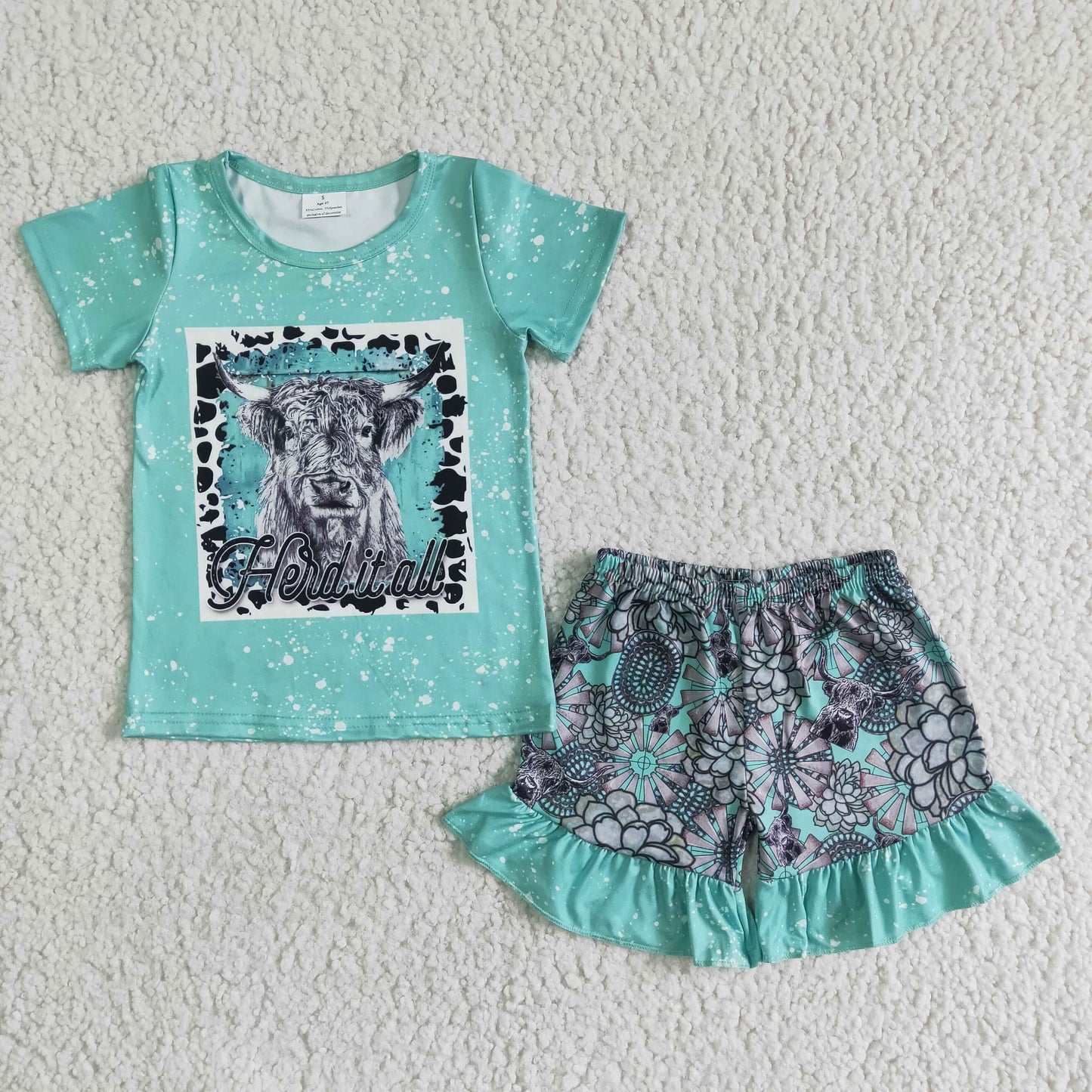 promotion heidi leopard cow green gem short sleeve girl shorts outfit 0615 RTS