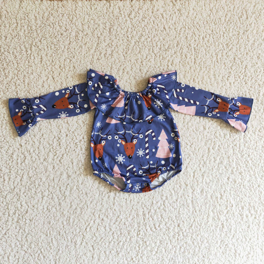 RTS LR0165 deer blue christmas dress girl long sleeve romper 1018