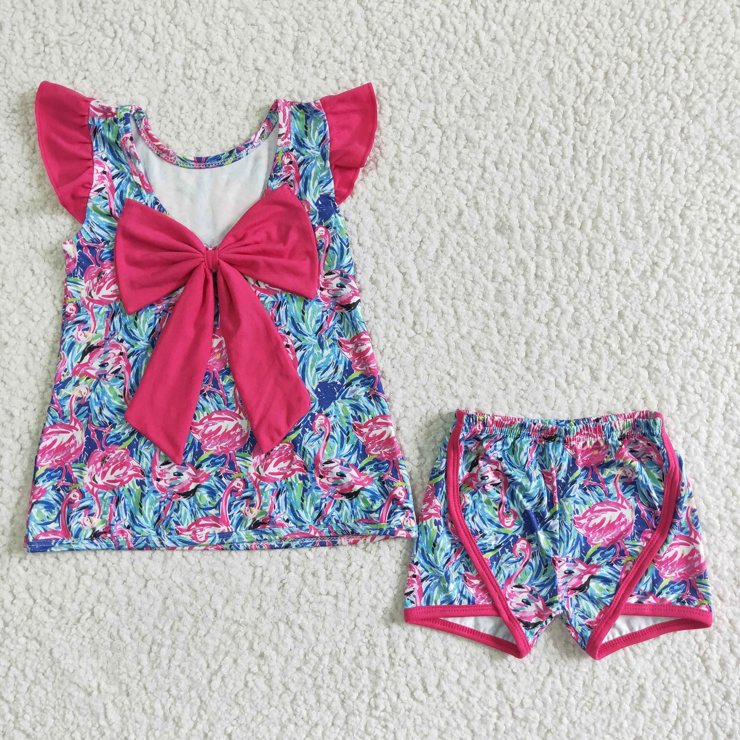 PROMOTION RTS flamingo print flutter top belt bow shorts girl summer clothes outfit real pic 0531