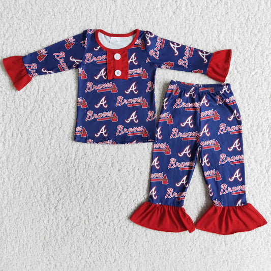 6 RTS  A30-17 Team outfit RTS  red A braves letters purple team button ruffles girl long sleeve pajamas outfit RTS