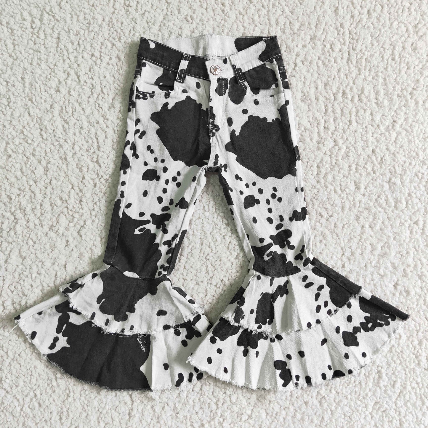 P0001 Fashion girl cow print double ruffles denim pants 0510