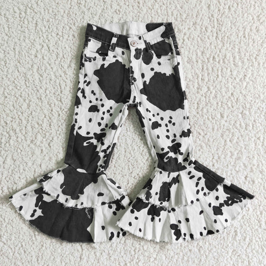 P0001 Fashion girl cow print double ruffles denim pants 0510