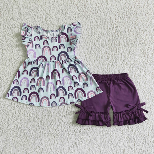 rainbow purple flutter ruffles short sleeve shorts girl outfits 0404