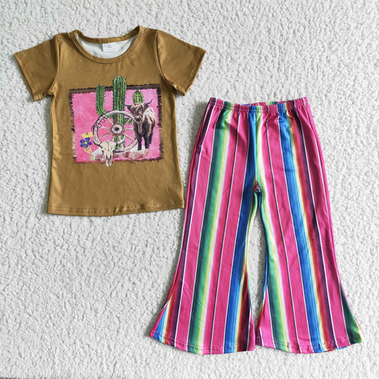 promotion RTS brown top cactus cow flower print pink blue colorful stripe girl short sleeve bell bottom pant outfit