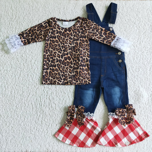GLP0235 suspender overall  long sleeve leopard shirt girl OUTFIT 0824 RTS