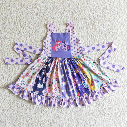 promotion A17-4 purple white dot horse cartoon patchwork belt sleeveless dress RTS