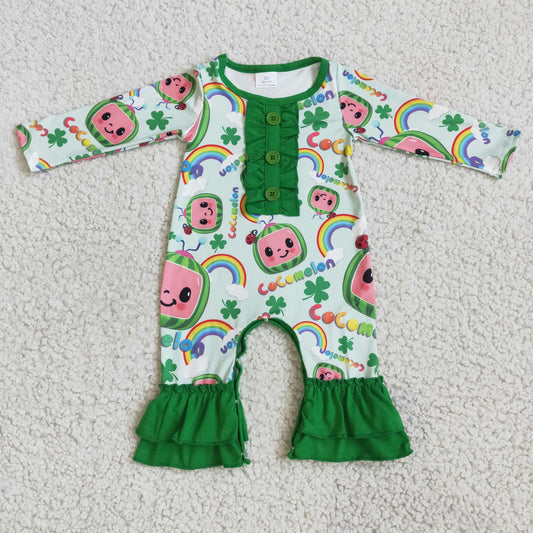 promotion RTS 6 A9-4 girl cartoon rainbow watermelon clover ruffles long sleeve romper