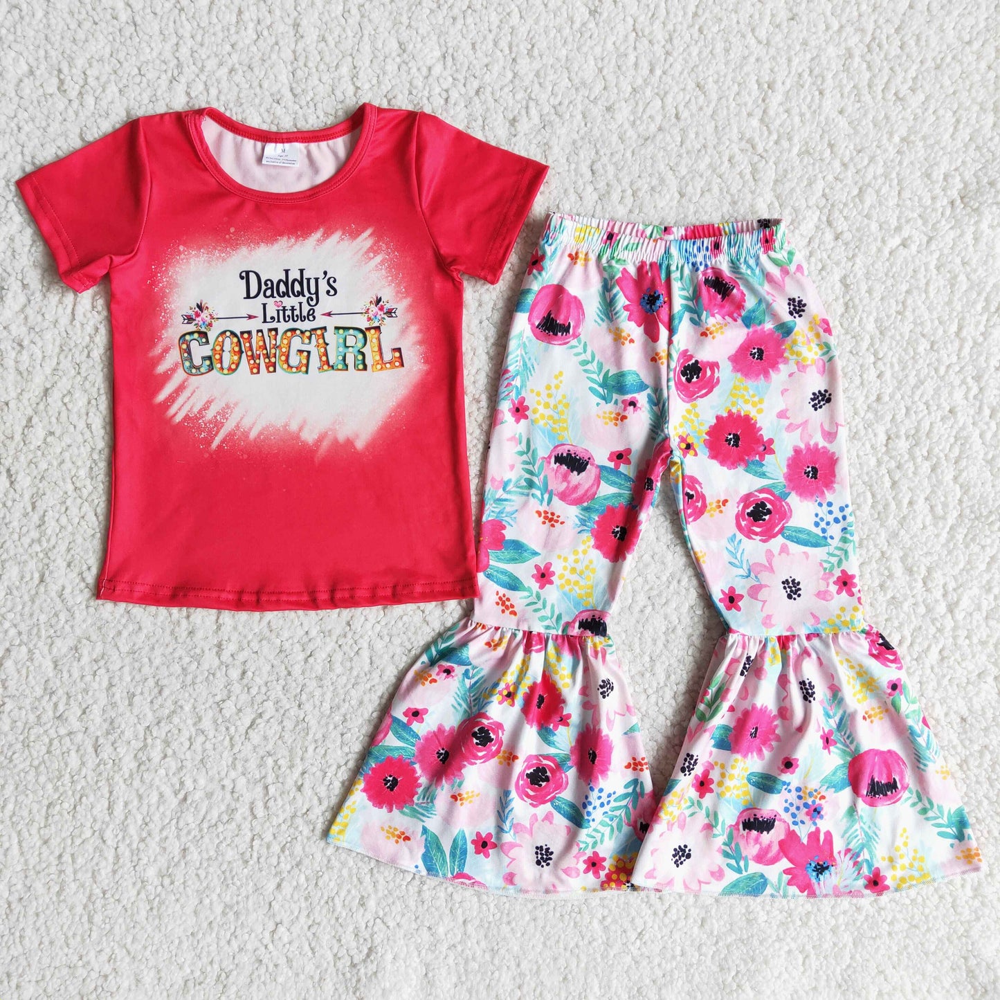 promotion B1-26 Dad's little letters girl red top short sleeves floral pattern bell bottom pants outfit 0122 JAN