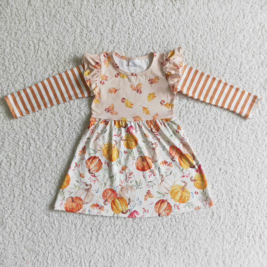 Promotion 202410 GLD0085 RTS long sleeve fall pumpkin halloween stripe girl dress