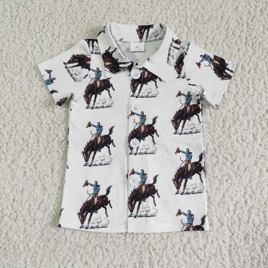 BT0011 RTS brown cowboy print white boy short sleeve shirt top 0523