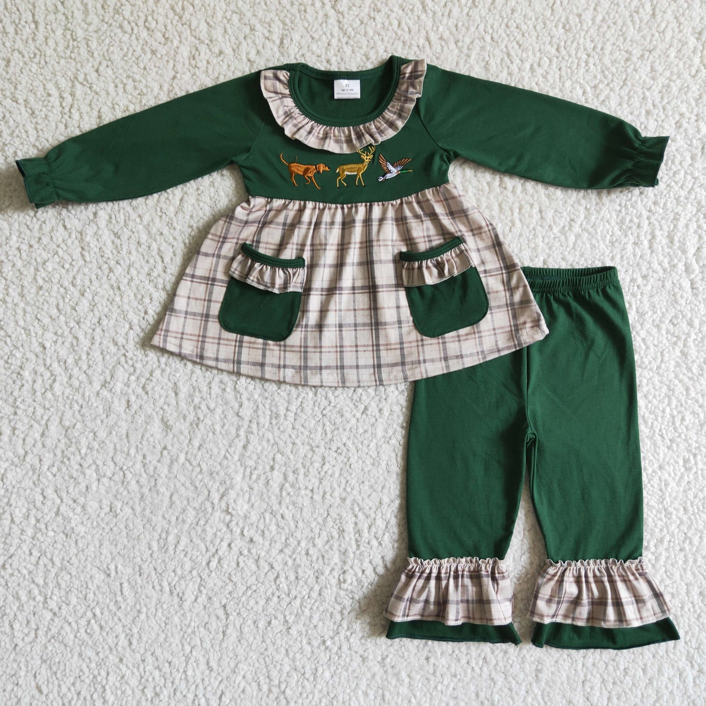 plaid Christmas bird deer long sleeve green pants baby girl outfit 0905 RTS