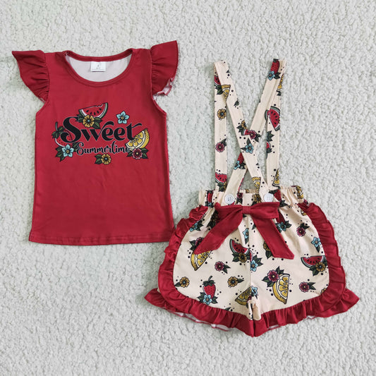 PROMOTION GSSO0114 RTS red top summer time sweet rose flower watermelon puffy sleeve suspender bow ruffle shorts girl outfit 0531